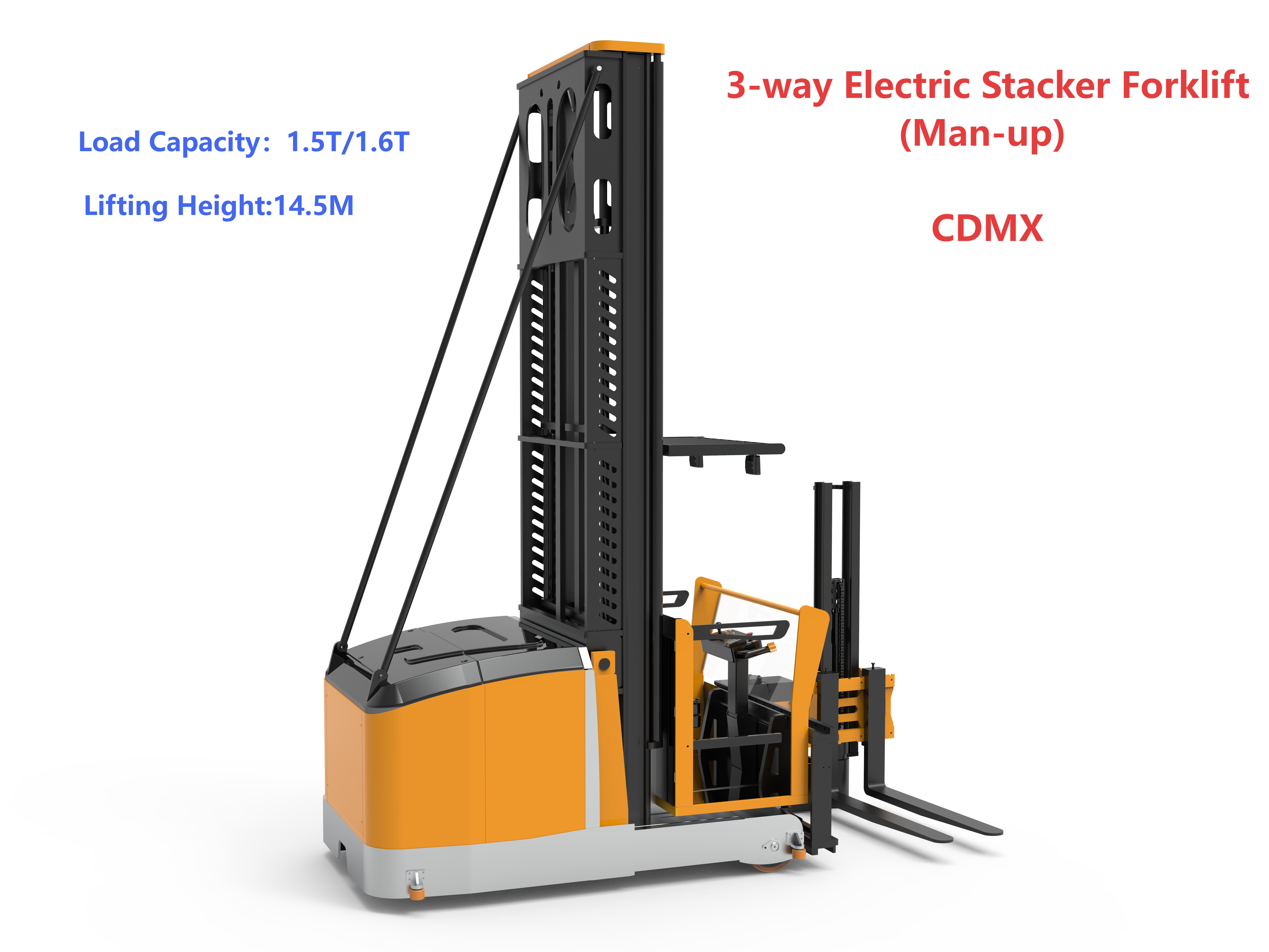 1.5-1.6Ton Capacity Man-up CDMX16-145S VNA Electric Stacker Forklift for Narrow Aisle 3-Way Access for Warehouse Use